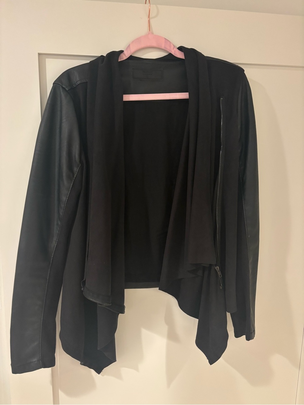 Blank NYC Black Draped Faux-Leather Sleeve Jacket